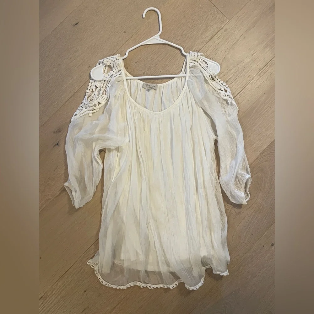 100% Silk White Flowy Lace Trim Peasant Blouse Bridal Wedding Resortwear Beach - Picture 2 of 6